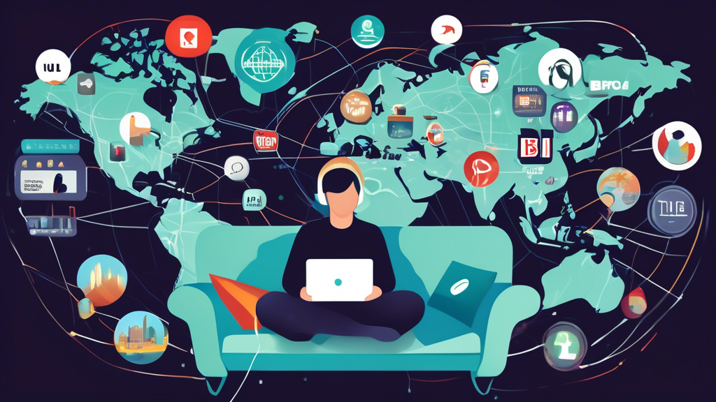 An illustration featuring a person sitting comfortably on a couch with a tablet or laptop, surrounded by streaming service logos (such as Netflix, Hulu, BBC iPlayer, etc.). In the background, a world map highlights various locations connected through lines, symbolizing global VPN servers. Elements like speedometers, security shields, and compatibility icons (for various devices) surround the main subject, emphasizing the key factors to consider when selecting a Stream VPN for optimal viewing experience.
