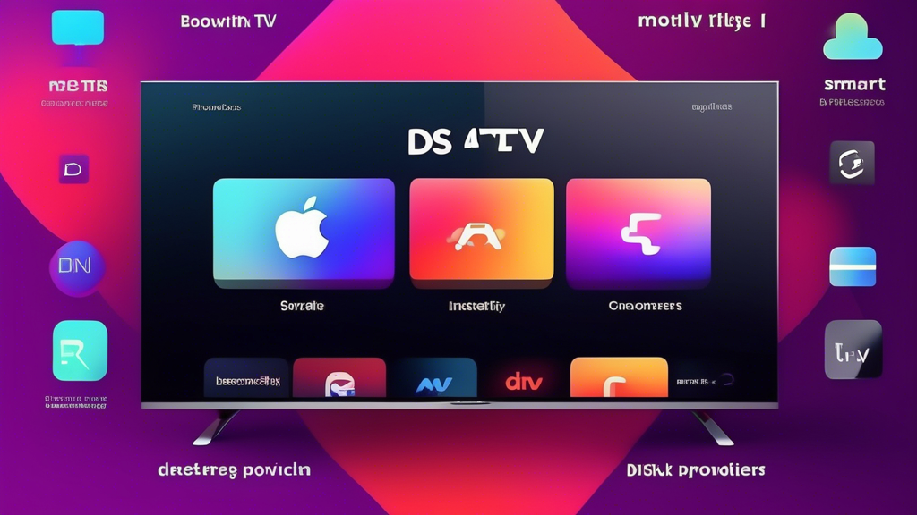 Generate an image showcasing a sleek Apple TV interface with a graphic overlay comparing the top 5 smart DNS providers. Each DNS provider should be represented with a logo and a brief list of key features such as speed, ease of installation, security, regional compatibility, and customer support. The background should convey a modern and tech-savvy aesthetic with subtle visuals of network connections and digital security icons, emphasizing the seamless integration of smart DNS with Apple TV. The overall theme should be user-friendly and informative, aimed at helping viewers make an informed choice about the best smart DNS for Apple TV.