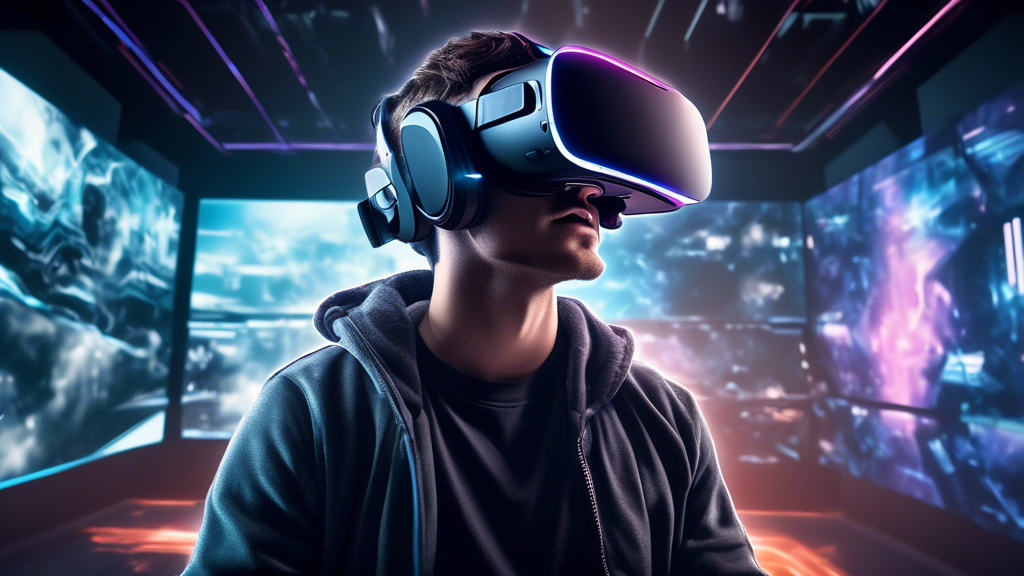 Create an image of a futuristic scene where a gamer is fully immersed in a high-tech virtual reality environment using the Oculus Rift S headset. The background should depict hints of upcoming trends in VR gaming, such as advanced holographic interfaces, hyper-realistic game graphics, and a bustling community of gamers interacting in a shared virtual space. The image should also subtly include elements that reflect both the popularity and the challenges of VR gaming, such as social connectivity and the potential physical requirements of extended VR use.