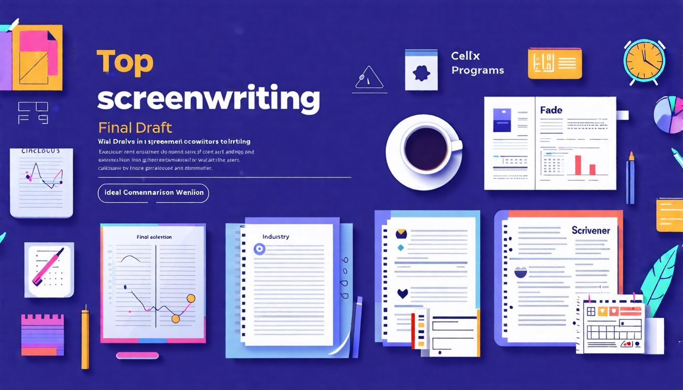 Create an image showcasing a comparison chart of top screenwriting programs, including Final Draft, Celtx, Fade In, Scrivener, and others. The chart should highlight key features, strengths, weaknesses, and ideal user scenarios for each program. Use a clean, modern design with icons representing different software attributes like industry acceptance, collaboration tools, formatting options, and cross-platform compatibility. Make the background resemble a writer