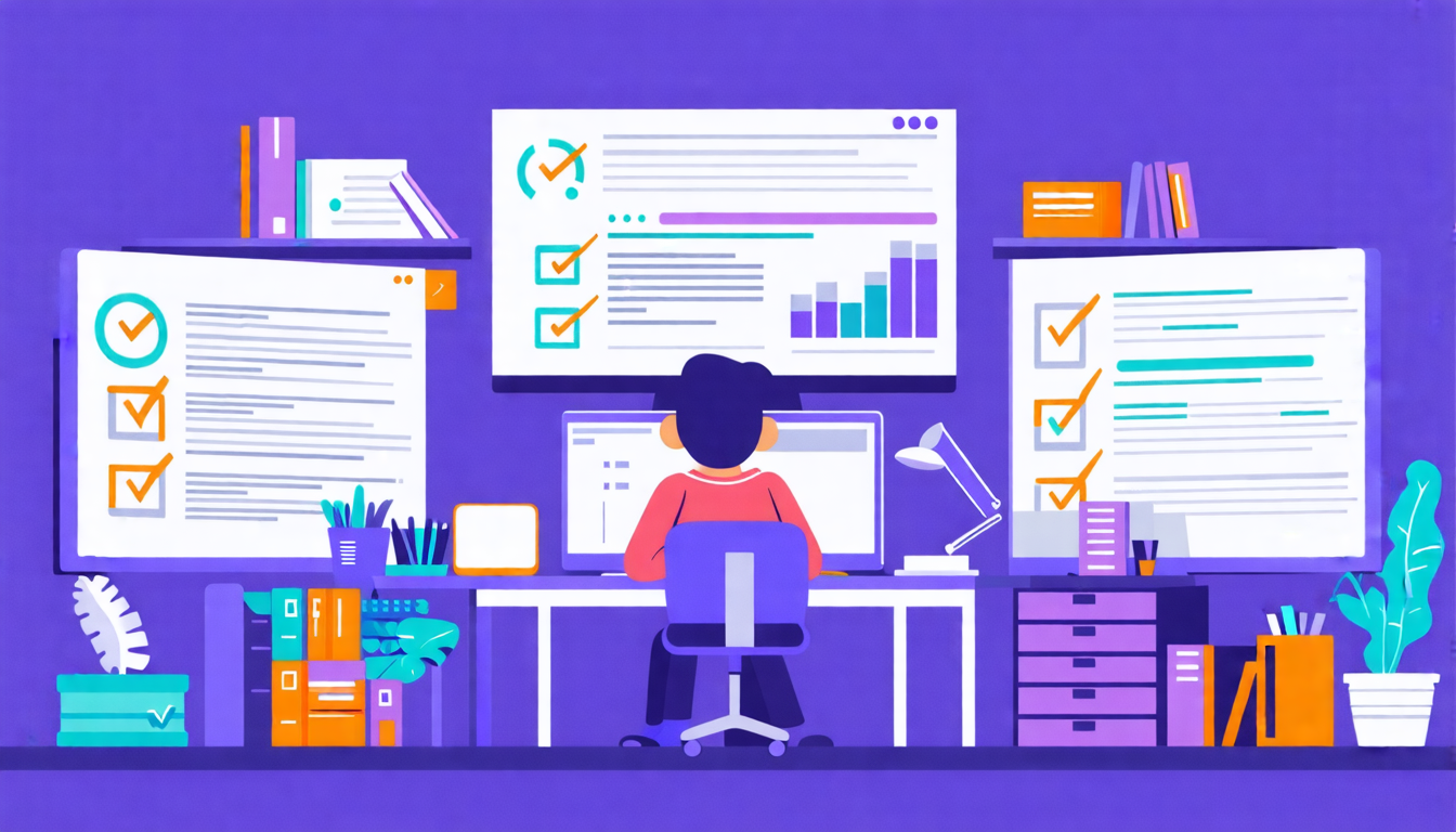 Create an image that illustrates the process of choosing the right screenwriting program. Depict a writer at a desk with several screenwriting software options displayed on different screens, each showing different features like budget considerations, trial versions, user reviews, and long-term support. Include elements that indicate assessing personal and professional needs, such as checklists or highlighted features. The setting should be a modern, well-organized workspace with a focused but creative atmosphere. Keywords: best screenwriting program, choosing software, features comparison, decision-making.
