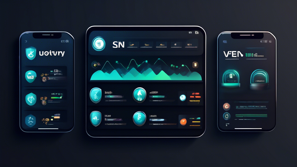 Create an image showing a sleek, modern digital dashboard with various VPN logos prominently displayed. Each logo should be highlighted with brief descriptions and star ratings beneath them. The background should feature a blend of symbols representing security and privacy, such as locks, shields, and encryption icons. Include a comparison chart off to the side that lists pricing, device compatibility, and user ratings for the top 10 VPNs. The overall design should be clean, professional, and tech-savvy, reflecting the comprehensive analysis and comparison of VPN services.