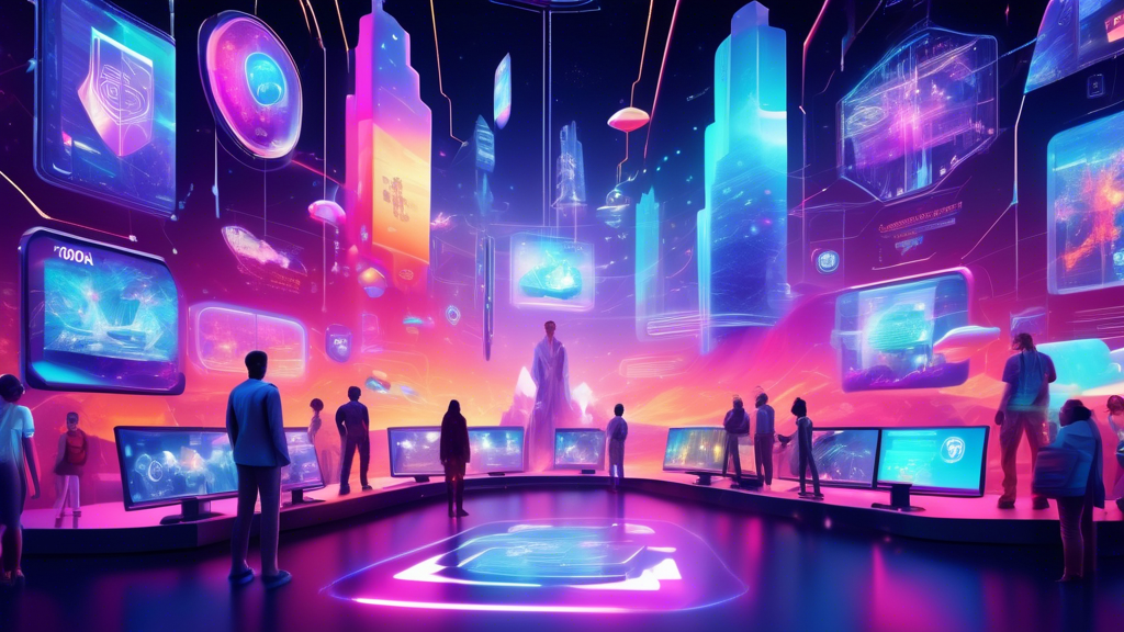 Create an image depicting a futuristic, digital landscape filled with vibrant holographic elements representing the year 2024. In the foreground, a diverse group of individuals examines an array of virtual screens displaying icons and features of various VPN services. The screens show comparisons and criteria like security, streaming, gaming, and travel suitability. The backdrop features glowing data streams and digital locks, symbolizing security and privacy, reflecting the concept of choosing the best VPN tailored to individual needs amidst a technologically advanced setting.