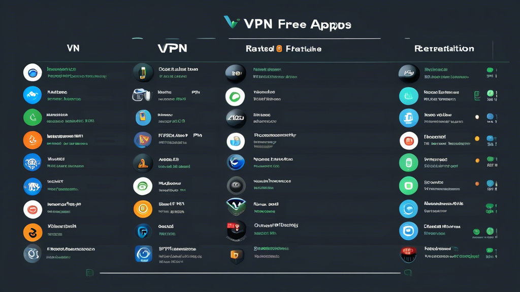 Create an image of a detailed comparison table featuring the top-rated free VPN apps on the market. The table should include columns with key features such as speed, security protocols, and device compatibility. Next to the table, illustrate some of the reviewed VPN apps with their logos or representative icons. The overall aesthetic should be sleek and modern, with a digital interface feel, highlighting the aspect of cutting-edge technology. Include a background of abstract digital connections or network symbols to emphasize the theme of online security and performance.