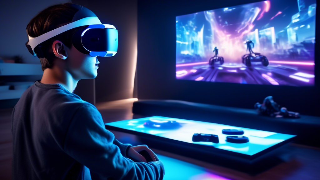 Create an image depicting a futuristic scene of a young gamer in a modern living room, wearing a PlayStation VR headset connected to a PlayStation 4 console. The room is filled with holographic displays showcasing predicted advancements in VR technology, such as interactive environments, hyper-realistic graphics, and AI-driven gameplay. In the background, new and upcoming game titles are displayed on virtual shelves, while futuristic gaming accessories and consoles hint at the next evolution of PlayStation VR. The atmosphere conveys excitement and anticipation for the future of gaming, with vibrant colors and a sense of immersion in this imagined world of possibilities.
