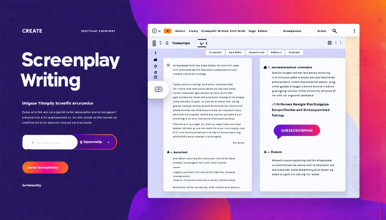 Create an image featuring a digital interface of a trendy screenplay writing website in [Current Year], designed to attract both beginners and experienced screenwriters. The interface should showcase unique features like an intuitive script editor, a tool for structuring narratives, and sections dedicated to refining dialogue. Include visual elements like a sidebar with subscription options and highlighted user testimonials praising the platform