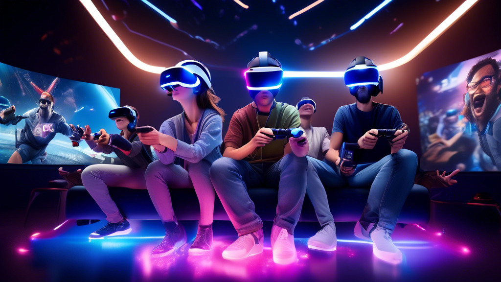Create an image showcasing a group of enthusiastic gamers fully immersed in the captivating world of Playstation 5 VR gameplay. The scene captures their expressions of awe and wonder as they experience the stunning graphical quality and immersive environments of popular Playstation 5 VR games. In the background, display vivid, dynamic scenes from exclusive VR titles, highlighting the innovations and advancements that set the Playstation 5 VR apart from other systems on the market. The setting should convey a vibrant atmosphere of excitement and engagement, with a subtle emphasis on the cutting-edge technology and gaming community.