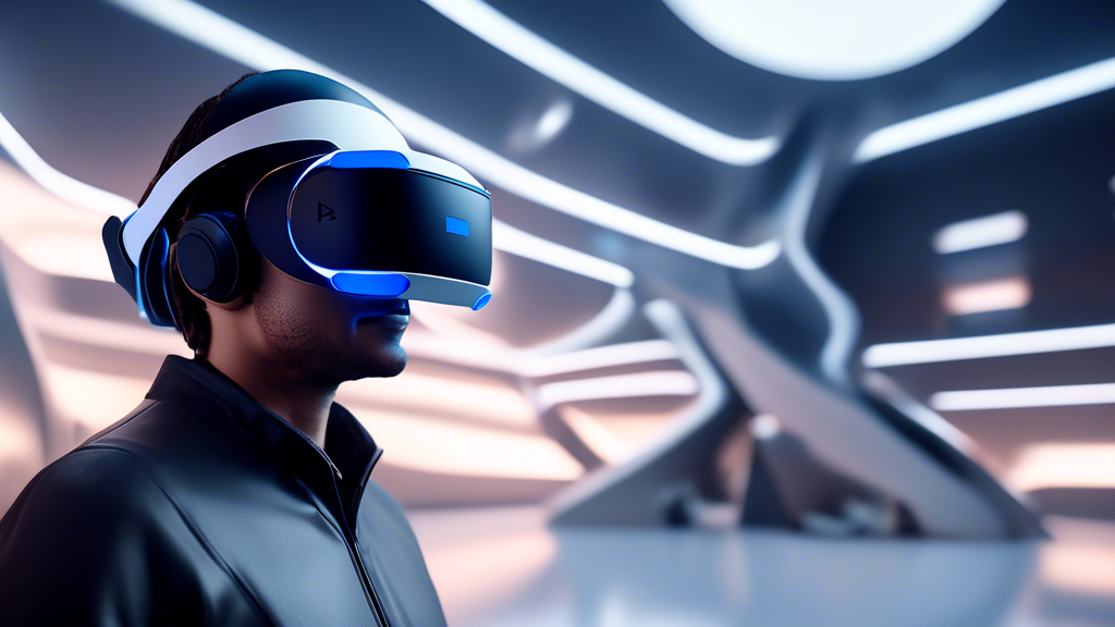 Create an image that captures a user comfortably wearing a Playstation 5 VR headset while surrounded by a futuristic, ergonomic environment. The scene should showcase the sleek design of the headset, emphasizing its lightweight build and user-friendly interface. Include visual elements that portray the ease of navigation and accessibility, such as intuitive controls and a seamless virtual interface. Additionally, depict subtle hints of technology that enhance comfort, like ergonomic cushions and adjustable head straps. The background should give a sense of immersive gameplay, but with a focus on a cozy, motion-sickness-free experience.