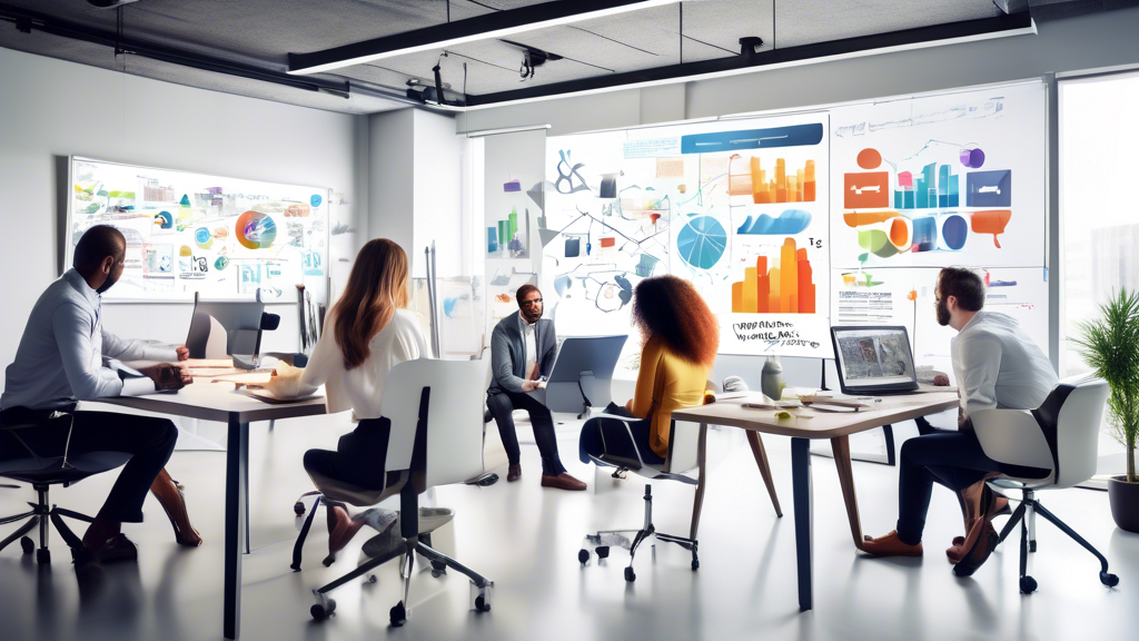 Create an image depicting a modern office environment where a diverse group of professionals is analyzing data and discussing strategies for selecting the best social media marketing companies. Include elements like charts, client testimonials displayed on screens, and visual representations of creativity and expertise, such as innovative brainstorming sessions or creative concepts on whiteboards. The atmosphere should convey collaboration and determination, highlighting the criteria for choosing effective social media marketing firms.