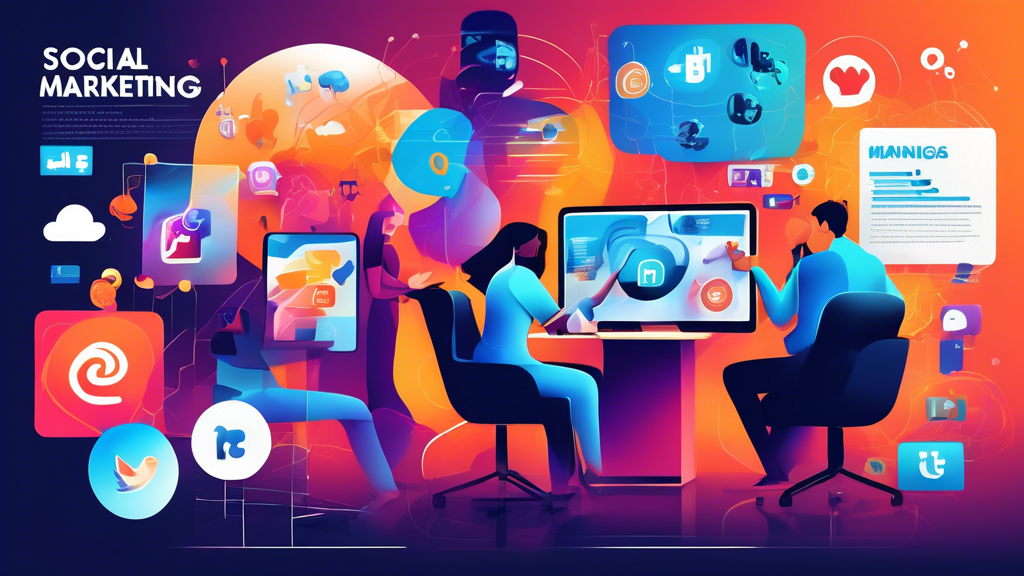 Create an engaging and visually appealing illustration that showcases a variety of top social media marketing companies. The image should feature recognizable logos or imagery that represents these companies in a modern office setting. Include elements like digital screens displaying analytics, creative brainstorming boards, and team members collaborating on marketing strategies. In the background, incorporate futuristic graphics to symbolize trends and innovations in social media marketing, such as artificial intelligence, augmented reality, or data analytics. The overall atmosphere should convey professionalism, creativity, and the dynamic nature of the social media marketing industry.