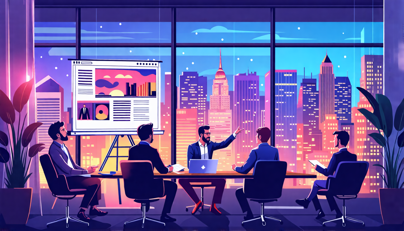 Create an illustration of a vibrant, dynamic scene capturing the essence of a screenplay pitch meeting. The setting is a stylish conference room with large windows overlooking a city skyline. In the foreground, a confident screenwriter enthusiastically presents a captivating storyboard to a small group of intrigued industry professionals, including a film producer and an agent. The storyboard features bold visuals and text representing a gripping logline. Each participant is engaged, taking notes, and exchanging intrigued glances, illustrating the key elements of a successful pitch—adaptability, responsiveness, and a compelling presentation of the story. The atmosphere is filled with creativity and anticipation, symbolizing the crucial steps for effectively selling a screenplay.