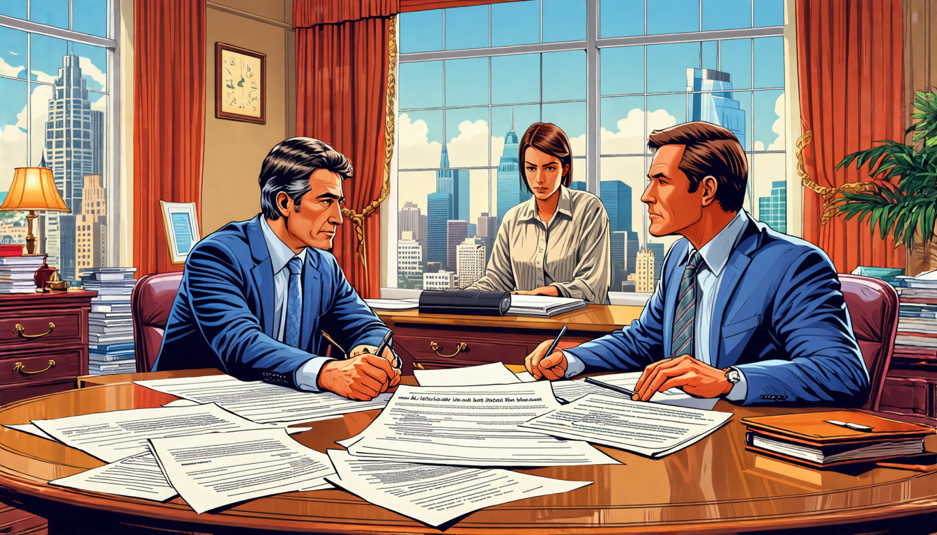 Generate an image of a bustling office scene where a writer is sitting at a conference table engaged in a negotiation. The room is filled with contracts and legal documents scattered across the table, each with visible text detailing rights, royalties, and payment structures. In the background, an attorney is attentively reviewing a document, providing legal counsel. The setting should capture a tense yet professional atmosphere, illustrating the complex world of navigating contracts and negotiations in the film industry. The mood should reflect the strategic and cautious approach writers must take to secure the best deal when selling their screenplay.