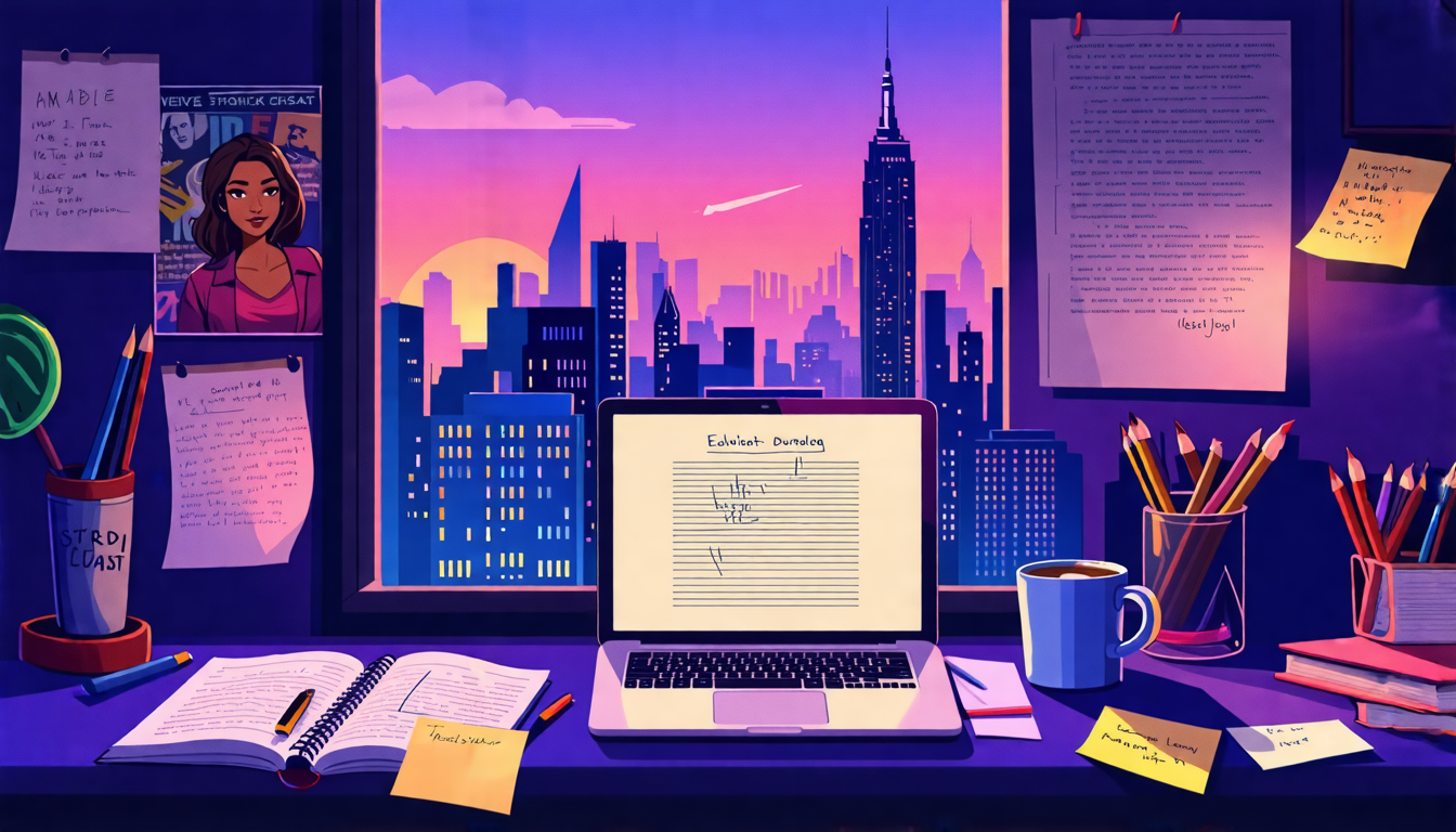 Create an image that illustrates a dynamic workspace of a screenplay writer deep in the process of editing and revising their work. The scene should include an open laptop displaying a screenplay draft, a notepad filled with scribbles and annotations, and sticky notes with feedback comments scattered around. There