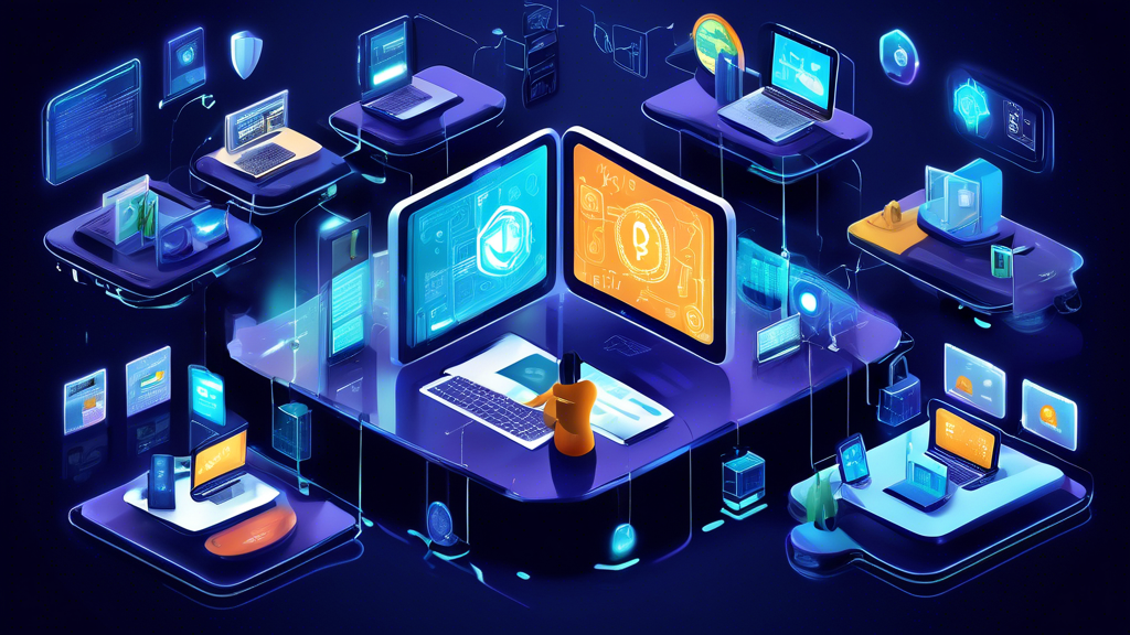 Create an image that illustrates a digital landscape featuring multiple computer screens and smartphones displaying various crypto websites, each showcasing secure interfaces. Highlight key security features such as icons representing encryption, two-factor authentication, and privacy shields. Include visual elements like padlocks and secure login interfaces to emphasize security measures. The overall scene should be futuristic and tech-savvy, with a focus on user safety and protection in the world of cryptocurrency.