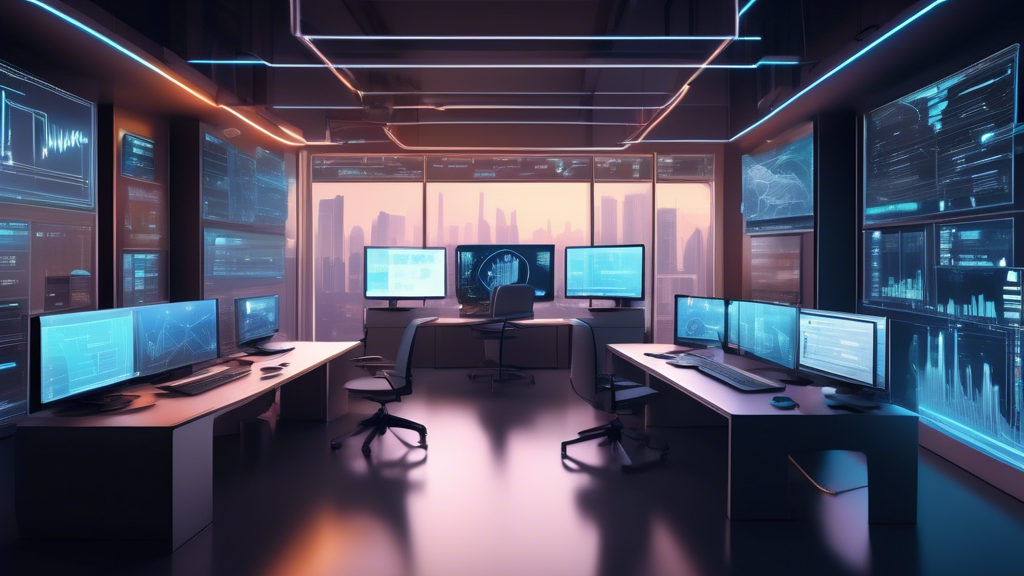 Prompt: Create an image depicting a dynamic and futuristic workspace where Google Finance is seamlessly integrated with various advanced crypto analysis tools and platforms. The scene should include multiple digital screens displaying charts and data from Google Finance alongside popular crypto analysis tools with interconnected lines and flowcharts symbolizing APIs and integrations. Include visual elements that represent cross-platform functionalities, such as tablets, smartphones, and virtual reality headsets, to emphasize the comprehensive and multifaceted approach to market analysis. Showcase a scenario of a successful investor enthusiastically optimizing their strategies, surrounded by a clear and organized digital environment that demonstrates the synergy between Google Finance and other resources.