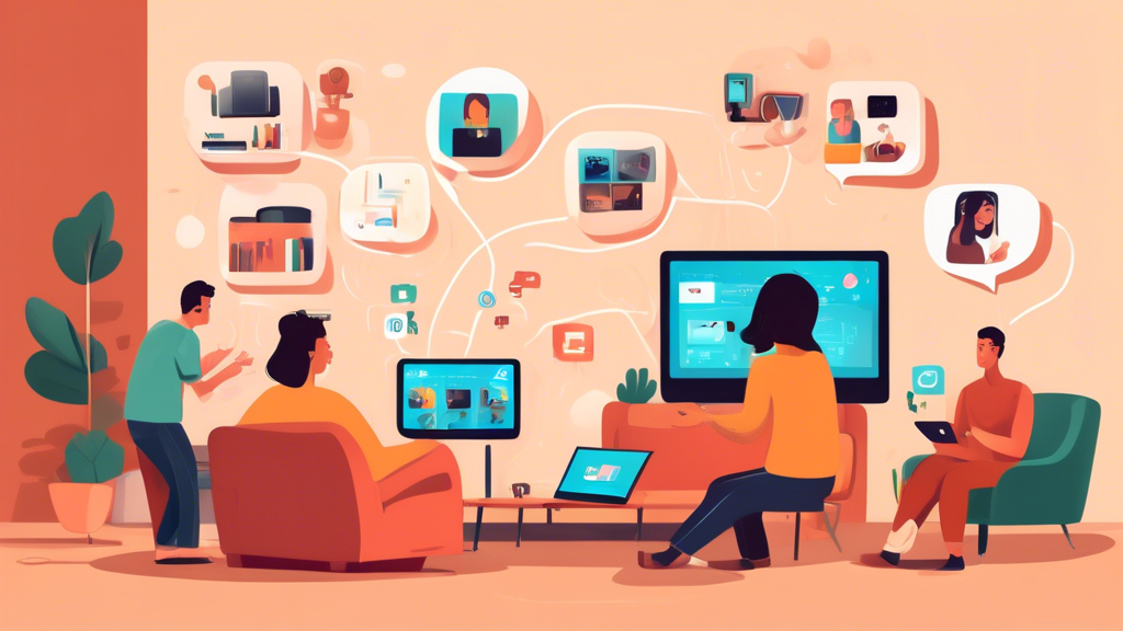 Prompt: Create an image showcasing the advantages of using Smart DNS to access your favorite content. The scene should feature a diverse group of people in a cozy living room, each enjoying different streaming platforms on multiple devices like a smart TV, tablet, and laptop. The atmosphere should exude ease and speed, with visible icons of various streaming services like Netflix, Hulu, and BBC iPlayer being watched seamlessly. Include subtle visual elements that suggest testimonials or user experiences, such as speech bubbles with positive comments and small charts showing improved connectivity, symbolizing the enhanced user experiences through a Smart DNS trial.