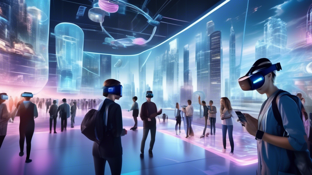 A futuristic cityscape where people are walking around wearing advanced, sleek VR goggles, each immersed in various activities. Some people are engaged in virtual educational lectures, some are participating in medical simulations, while others are deeply involved in immersive gaming environments. Above the city, holographic displays highlight future trends in VR technology, such as lightweight designs, enhanced realism, and expanded applications across industries. The scene captures the vibrant, innovative potential of VR goggles as they integrate into everyday life, showcasing their transformative impact on education, healthcare, and entertainment.