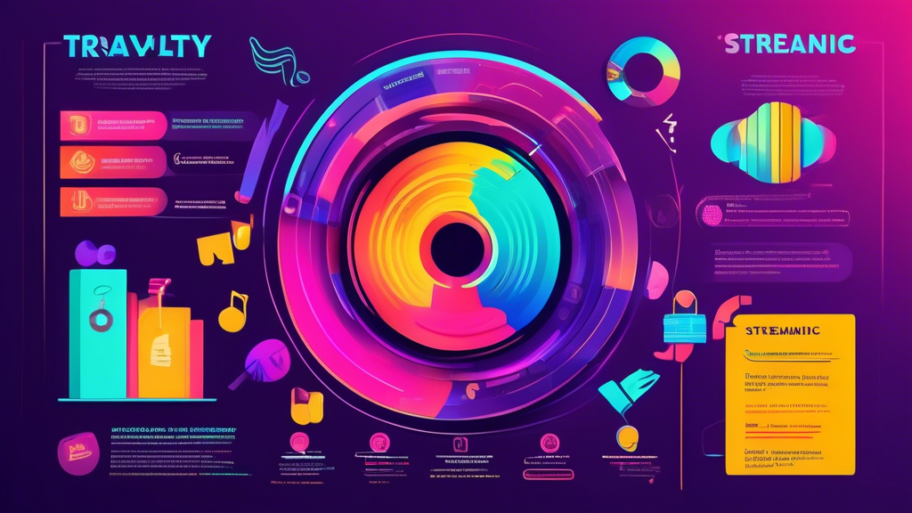 **DALL-E Prompt:** Create an informative and visually appealing infographic that highlights essential tips for using royalty free music in streaming. Include elements such as legal aspects, how to find the perfect music for content, and trends in music usage within the streaming community. Use vibrant colors and engaging graphics to represent each tip, featuring icons for legal documents, a magnifying glass for searching music, and musical notes to symbolize trends. Include the text Tipps zur Verwendung von Royalty Free Music im Streaming prominently in the design.