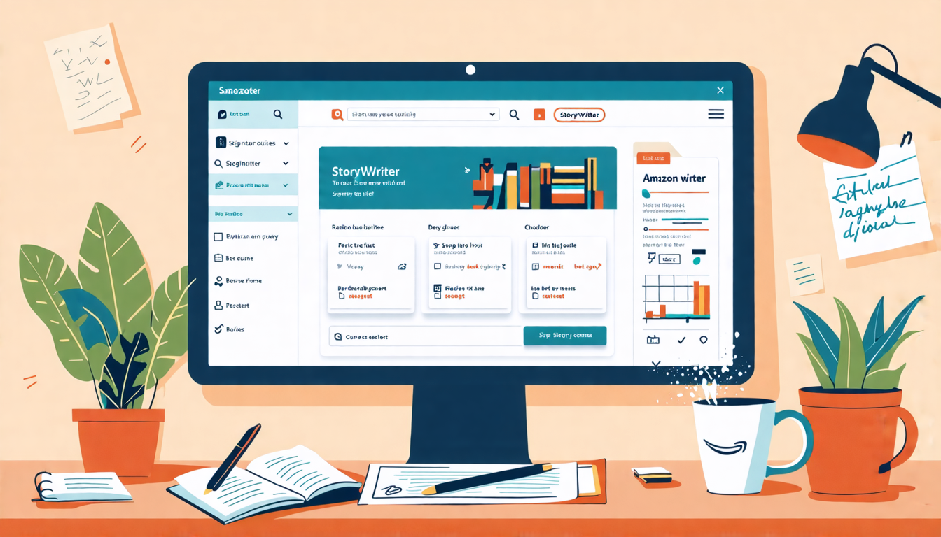 Create an illustration of a home office setup with a computer screen displaying Amazon Storywriter