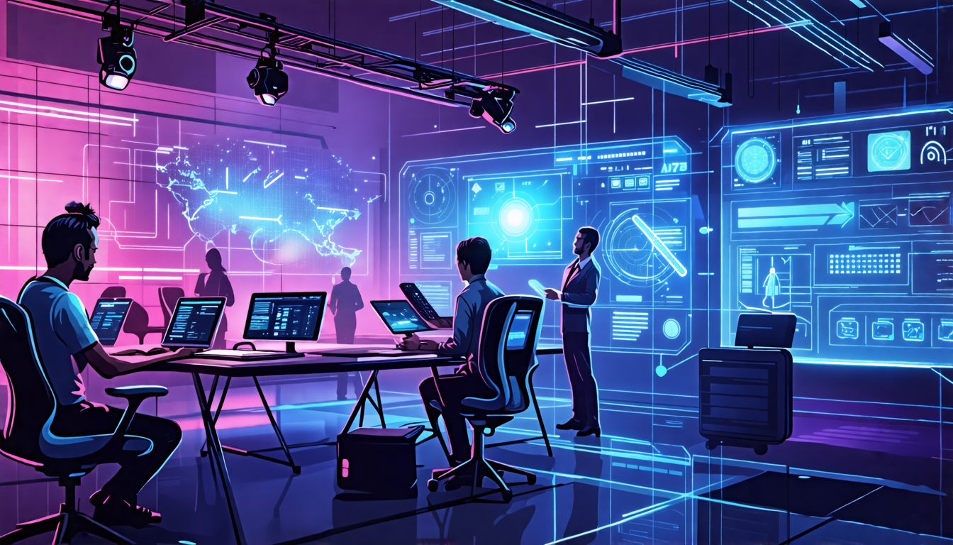 Create an image depicting a bustling film production set where human scriptwriters and filmmakers are collaborating seamlessly with futuristic automatic script writing machines. These machines should look advanced and integrated into the workspace, with holographic displays showcasing dynamic script changes. The setting should convey a harmonious blend of technology and creativity, illustrating the transformation of traditional methods in the entertainment industry. Include elements like directors reviewing scripts on digital tablets and actors rehearsing lines generated by the automatic script writers, reflecting their real-world impact and effectiveness.