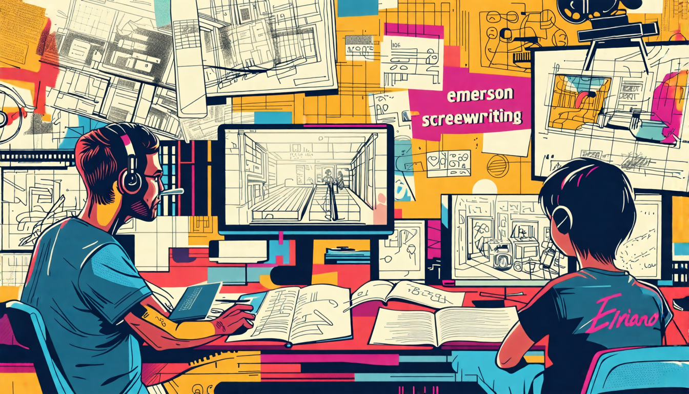 Create an image depicting a collage of modern filmmakers at work, each drawing inspiration from blueprints labeled Emerson Screenwriting. The scene should feature directors and writers in a creative studio surrounded by film reels, scripts, and storyboards. In the foreground, a young aspiring screenwriter is seen envisioning their story, with thought bubbles illustrating vibrant cinematic scenes influenced by Emerson