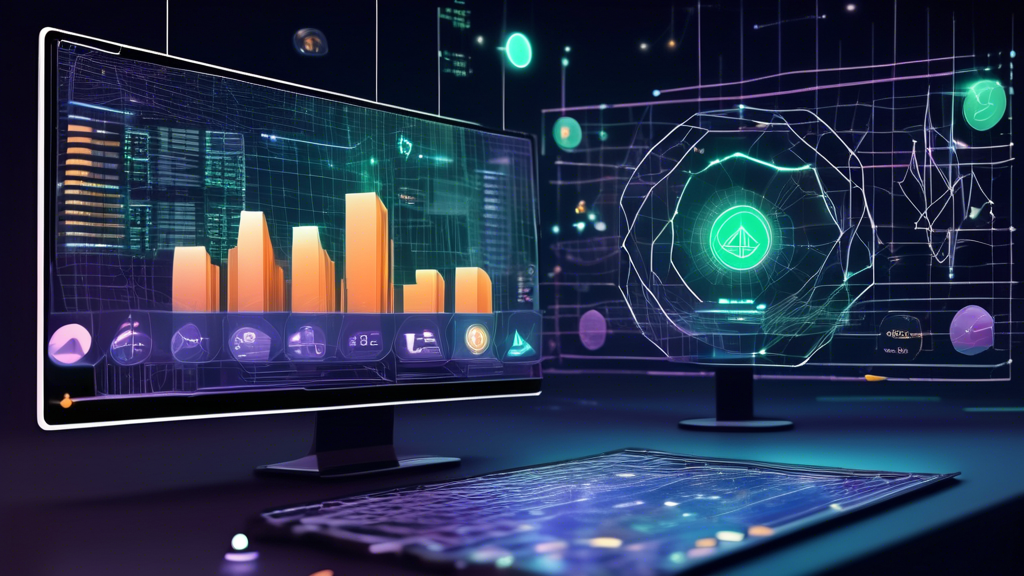 Create an image that depicts a futuristic digital workspace centered around a large, interactive Google Sheets interface on a virtual screen. The interface displays real-time cryptocurrency data with various charts and graphs, highlighting different coins like Bitcoin and Ethereum. In the background, illustrate abstract representations of data streams symbolizing APIs and third-party tools integrating seamlessly with the interface. Add subtle hints of security features, like digital locks and shields, to represent data protection. The overall ambiance should convey a sense of cutting-edge technology and efficient management of crypto portfolios.