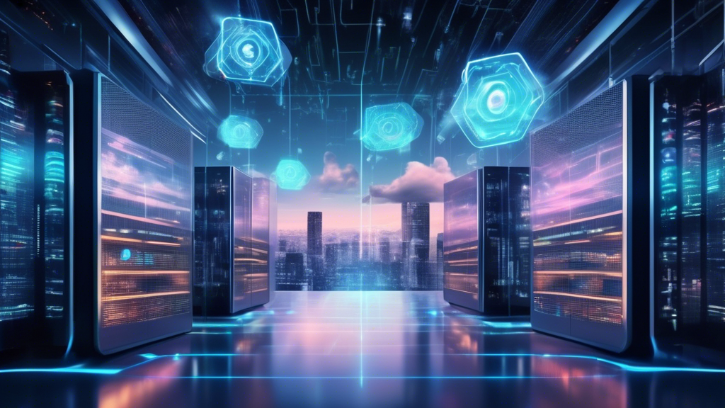 **Prompt for DALL-E:** Create an image illustrating future trends and challenges in unlimited cloud storage. The scene features a high-tech data center with futuristic servers and holographic displays showcasing technological innovations. Include visual elements representing security and data privacy, such as digital locks or shields. In the background, depict a vibrant cityscape with interconnected devices, symbolizing the evolving landscape of cloud storage. The color palette should be bright and modern, emphasizing technology and innovation in cloud computing.