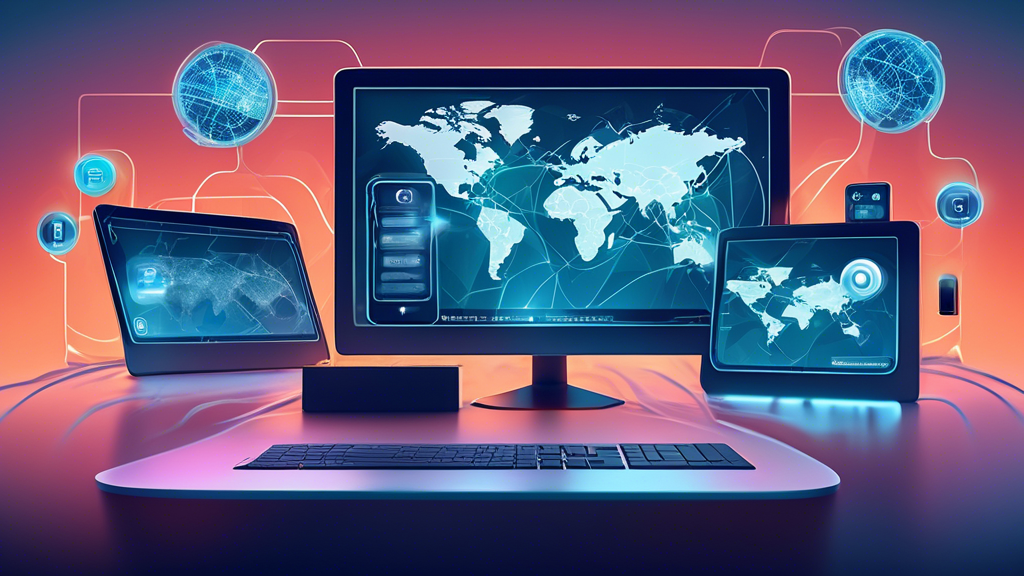 Create an image depicting a futuristic, high-speed internet connection flowing seamlessly between diverse electronic devices like smart TVs, laptops, and tablets, with a subtle representation of digital privacy shields. The background should display a global map highlighting seamless access to geographically restricted content, emphasizing the versatility and compatibility of Nord Smart DNS. Include visual elements that suggest ease of installation, such as puzzle pieces fitting together, symbolizing a user-friendly setup. The overall atmosphere should convey a sense of advanced technological convenience and security.