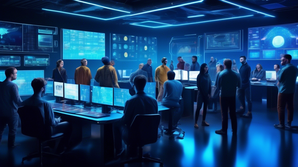 Create an image showcasing a futuristic control room with multiple high-tech screens displaying graphs, hash rates, and live crypto mining data. In the foreground, diverse groups of people, including tech experts and casual users, are gathered around a central holographic display that features the logos of top-rated crypto mining platforms of 2023. The room is illuminated with vibrant blue and green lights that reflect the digital and energetic theme of cryptocurrency mining. In the background, a window offers a view of a sleek, modern cityscape, emphasizing the advanced and reliable nature of these platforms.