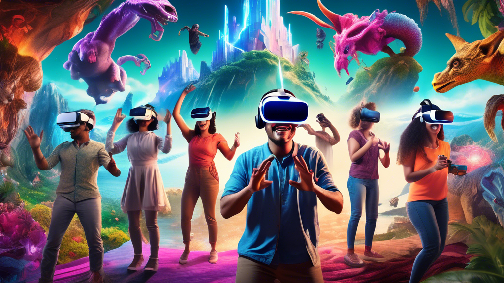 Create an image showcasing a vibrant scene featuring a diverse group of people immersed in various VR experiences. Each individual is depicted wearing modern VR headsets, engaged in different top VR games and applications of 2023. In the foreground, show a player excitedly navigating a highly realistic fantasy world, complete with mythical creatures and enchanted landscapes. In the background, depict someone using a creative VR application, like digital painting or virtual architecture, with vibrant colors and intricate designs coming to life in their virtual environment. Surrounding these focal points, include subtle glimpses of other VR applications, such as virtual tours of exotic locations or immersive educational programs. The atmosphere should convey excitement and innovation, with users of different ages and backgrounds, reflecting the diversity and accessibility of the best VR experiences in 2023.