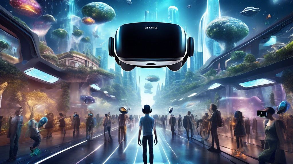 Create a futuristic image illustrating the evolution of virtual reality experiences in 2023. The scene depicts an array of diverse environments—such as a bustling virtual city, a serene digital forest, and a cosmic space adventure—seamlessly interconnected through advanced technological portals. Highlight the integration of artificial intelligence, with intelligent AI avatars interacting with users, guiding them through new VR adventures. Include visual representations of expanding VR markets, like virtual education and remote workspaces, showcasing users engaging in these activities. The overall mood should be vibrant and visionary, emphasizing the limitless future potential of VR experiences.
