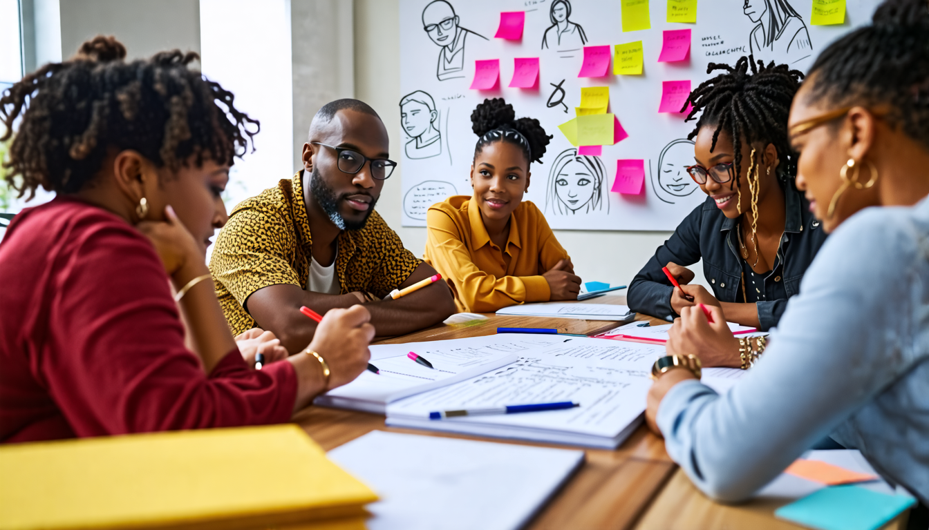 Create an image of a group of diverse TV scriptwriters seated around a large table, each holding a pen and a notepad, passionately brainstorming character ideas. The room is filled with inspiration, featuring mood boards on the walls with sketches of characters, post-it notes, and dialogue snippets. In the foreground, a stack of scripts titled Developing Relatable Characters and Authentic Dialogues is prominently displayed. The atmosphere is vibrant and creative, emphasizing the collaborative effort involved in crafting multidimensional characters and engaging dialogues in TV script writing.