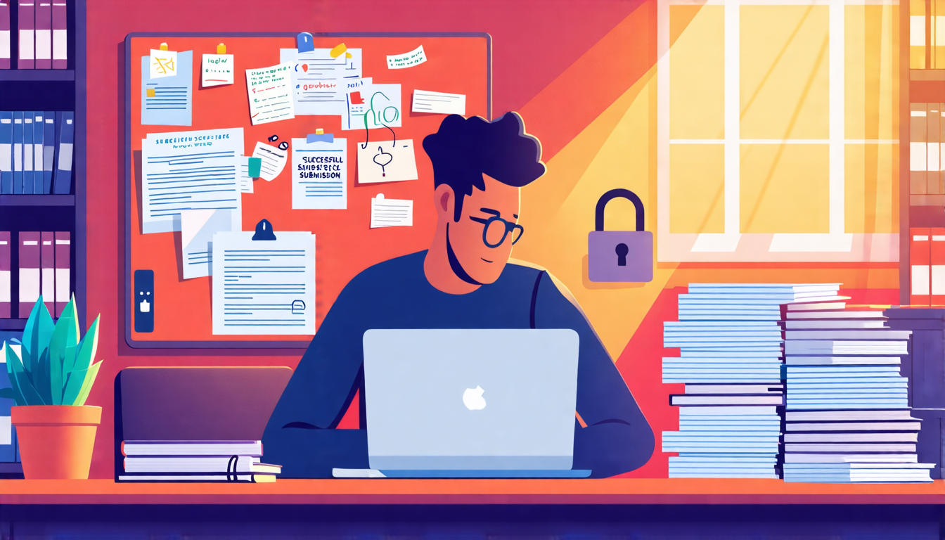 Create an image that depicts a writer at a desk, surrounded by stacks of screenplay drafts and a laptop open to a page titled Successful Screenplay Submission Strategies. The writer is focused, with a bulletin board above the desk displaying notes and research on production companies. Nearby, a lock icon represents the protection of intellectual property. The room is filled with creative energy, with light streaming in, and bookshelves teeming with film industry manuals. This scene captures the essence of a screenwriter diligently following strategies for successfully submitting unsolicited screenplays.