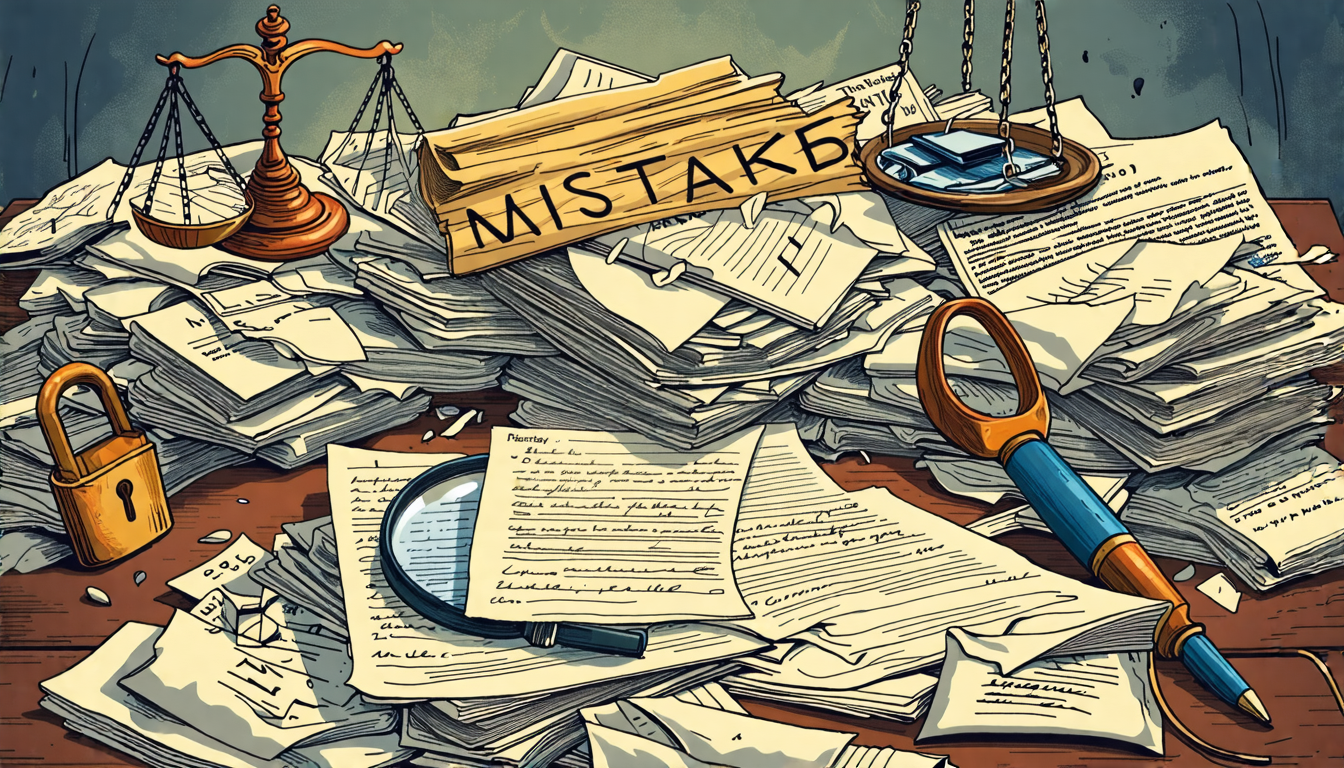Create an image that illustrates the pitfalls and challenges faced by screenwriters during the unsolicited screenplay submission process. Depict a cluttered desk with a mountain of rejected screenplay manuscripts and crumpled query letters, symbolizing common mistakes. Include symbolic elements like a magnifying glass highlighting the word mistakes, a padlock representing intellectual property concerns, and a scale tipping towards rejection. Convey a sense of chaos contrasted with determination, embodying the struggles and perseverance of screenwriters trying to improve their acceptance rates. Use a palette that transitions from dark to light, illustrating the journey from obstacles to eventual success.