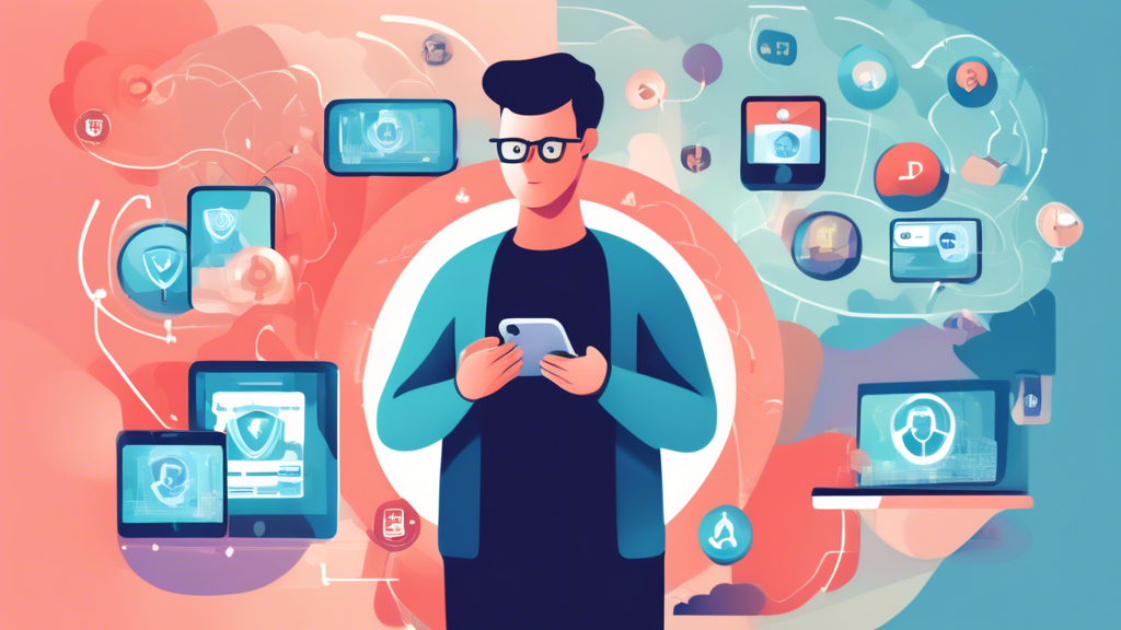 Create an illustration showing a person surrounded by a variety of mobile phones, each displaying a different VPN app interface. The person looks thoughtful, holding a checklist that includes criteria like budget, privacy policy, ease of use, and customer support. In the background, subtle icons represent additional features like ad-blocking and malware protection. The scene conveys a sense of personalized decision-making, emphasizing the process of choosing the right mobile phone VPN. The style is modern and tech-savvy, with a focus on clarity and ease of understanding. Keywords: mobile phone VPN, personal choice, decision-making.