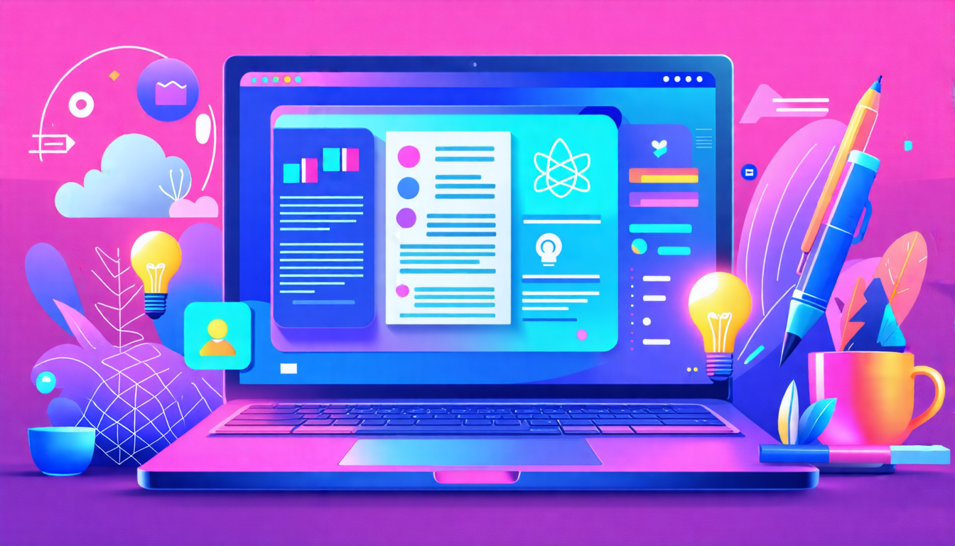 Create a vibrant and engaging illustration of a modern digital workspace, featuring a laptop screen displaying an innovative scriptwriting platform. The scene should include elements like virtual collaboration tools, and an AI-powered feedback section, depicting constructive writing suggestions. Surround the laptop with dynamic, glowing icons representing creativity and progress, featuring symbols like light bulbs, pens, and abstract forms of positive feedback. In the background, subtly include silhouettes or outlines of successful writers joyfully interacting with the platform, suggesting their testimonials. The overall mood should be inspiring, emphasizing the enhancement of creative writing skills through the use of cutting-edge technology.