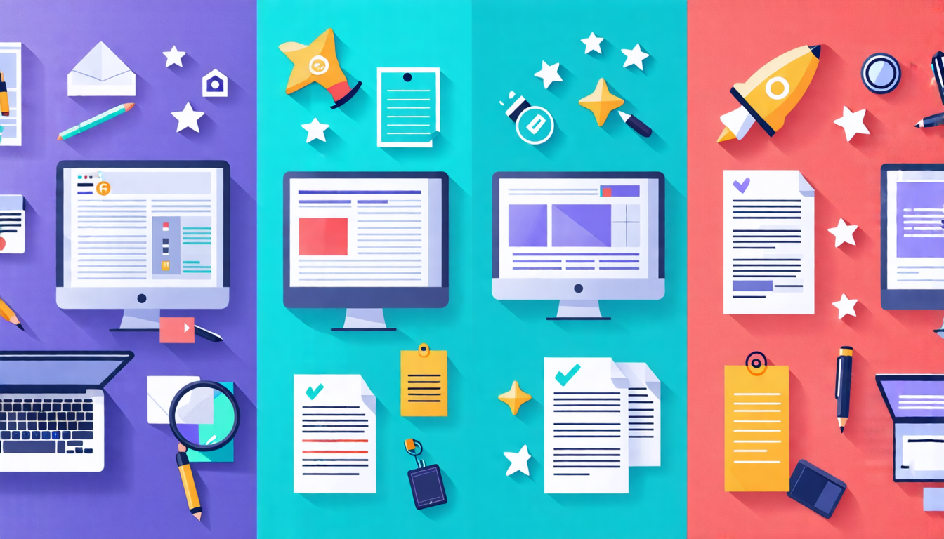 Create an image that portrays a virtual comparison chart displaying various scriptwriting websites. Each website is represented by its distinctive logo or icon, positioned side by side. Include visual elements like user rating stars, pricing tags, community engagement icons, and integration symbols for other writing tools. The background should be a sleek, modern workspace filled with creative writing elements such as fountain pens, scattered scripts, and glowing computer screens. Highlight the notion of choice by incorporating subtle symbols of decision-making, such as a magnifying glass and highlighted checkmarks. The overall vibe should be informative yet inviting, appealing to both novice and seasoned writers seeking their perfect scriptwriting match.