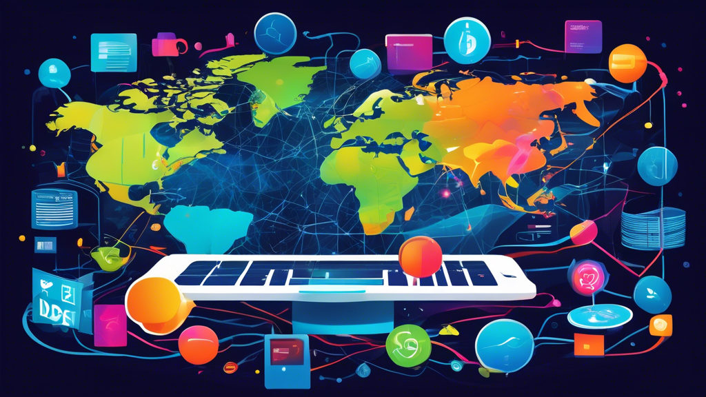 Create an image showcasing a vibrant digital collage that represents The Best Free Smart DNS of 2023. The centerpiece is a sleek computer screen displaying a world map, symbolizing global connectivity and access. Surrounding the screen are logos and icons of various free Smart DNS services, each with a brief highlighted feature, such as ease of use and multi-device compatibility. The scene is set in a futuristic tech environment, with abstract digital elements and keywords like Best Free Smart DNS seamlessly integrated into the design.