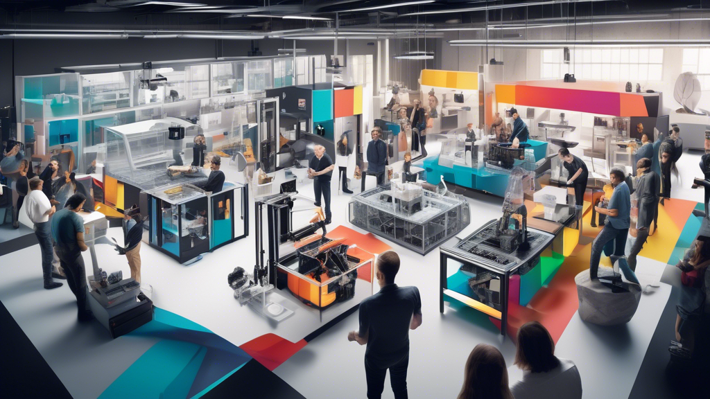 Create an image depicting a bustling, modern industrial workshop where the Raise3D E2 IDEX Dual 3D Printer is prominently showcased. The printer is actively creating a complex, multicolored prototype model with intricate geometries. Surrounding it are creative professionals and engineers discussing plans, holding blueprints, and observing the printer in action. The environment should convey a sense of innovation and efficiency, highlighting the practical applications of the printer for prototyping, tool production, and small-scale manufacturing. Include visual elements that suggest precision, such as detailed, precisely cut models, and a dynamic atmosphere that showcases the printer