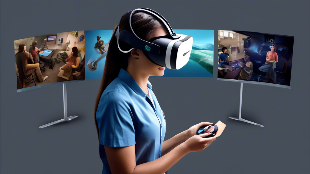 Create an image that showcases the versatile applications of Oculus headsets beyond gaming, highlighting their use in education, training, and other industries. The scene should depict various individuals using Oculus headsets in different environments: a student in a virtual classroom, a professional in a virtual training session, and a creative artist using VR for design. Each user is immersed in their respective virtual worlds, with futuristic interfaces and immersive landscapes surrounding them. The overall tone is innovative and futuristic, emphasizing how Oculus headsets provide realistic and versatile virtual experiences for diverse applications.