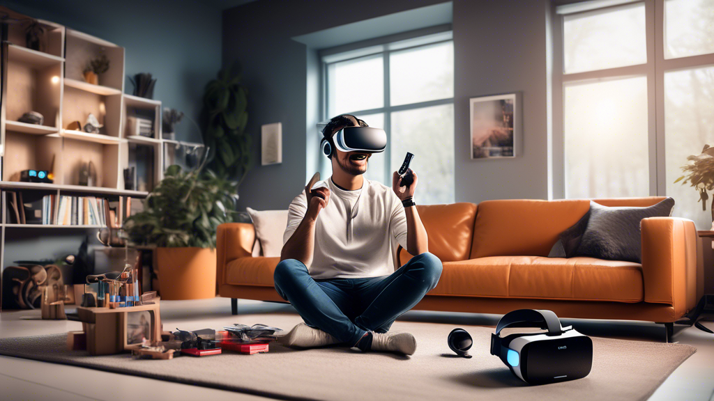 Create an image showcasing a satisfied VR enthusiast using an Oculus headset in a modern living room, surrounded by various VR-related objects like gaming accessories, educational books, and professional training tools. The room should be filled with a futuristic vibe, emphasizing the headset