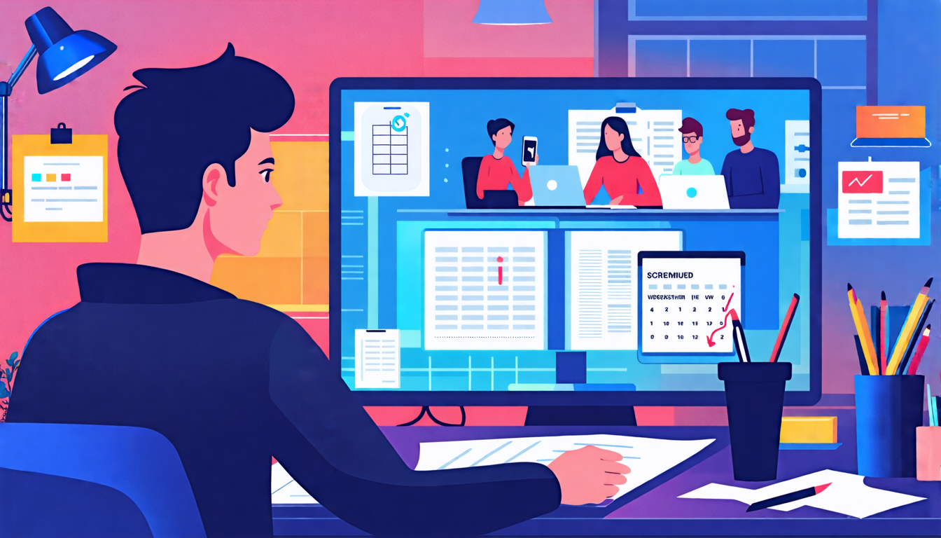 Create an image that portrays a dynamic online screenwriting career. The scene depicts a young screenwriter sitting at a modern desk, surrounded by various digital tools and gadgets like a laptop displaying scriptwriting software, a tablet with script notes, and a smartphone open to a social media app where the writer is actively engaging with industry professionals. In the background, there is a virtual meeting on a large screen with filmmakers discussing a script. The space is filled with creativity, embodying a vibrant online network of industry collaboration. Add elements like a digital calendar marked with online workshop dates and a notice board displaying virtual networking events. The atmosphere should convey growth, innovation, and the adaptability needed in the evolving world of online screenwriting.