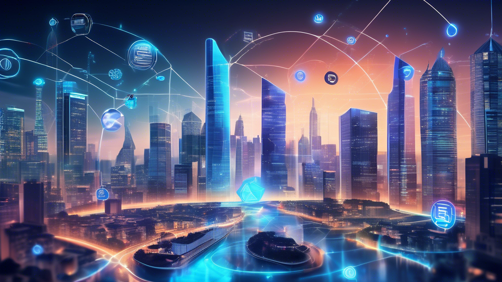 Create an image depicting a futuristic financial cityscape illustrating the potential impact of Newton Crypto on the global financial ecosystem. The scene should include innovative digital interfaces showing currency exchanges, diverse business sectors like e-commerce and international transactions integrating Newton Crypto seamlessly, and people engaging with advanced, holographic payment systems. Highlight the transformation of traditional banking with Newton Crypto symbols subtly embedded throughout the scene, showcasing its disruptive presence in modern finance. The overall atmosphere should convey a sense of innovation and the reshaping of finance through digital technology.