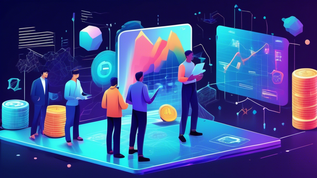 Create an image illustrating the concept of investing in Newton Crypto, capturing the dynamic and futuristic essence of this new digital currency. The image should feature a visually intricate digital landscape with financial charts and upward-trending graphs symbolizing growth potential. Include abstract representations of blockchain elements and network connections to hint at technological advancement. In the foreground, depict diverse individuals analyzing data and discussing potential investments, showcasing the human aspect of financial decision-making. The overall atmosphere should be vibrant and forward-thinking, emphasizing the excitement and complexities of venturing into the future of digital currency investments.