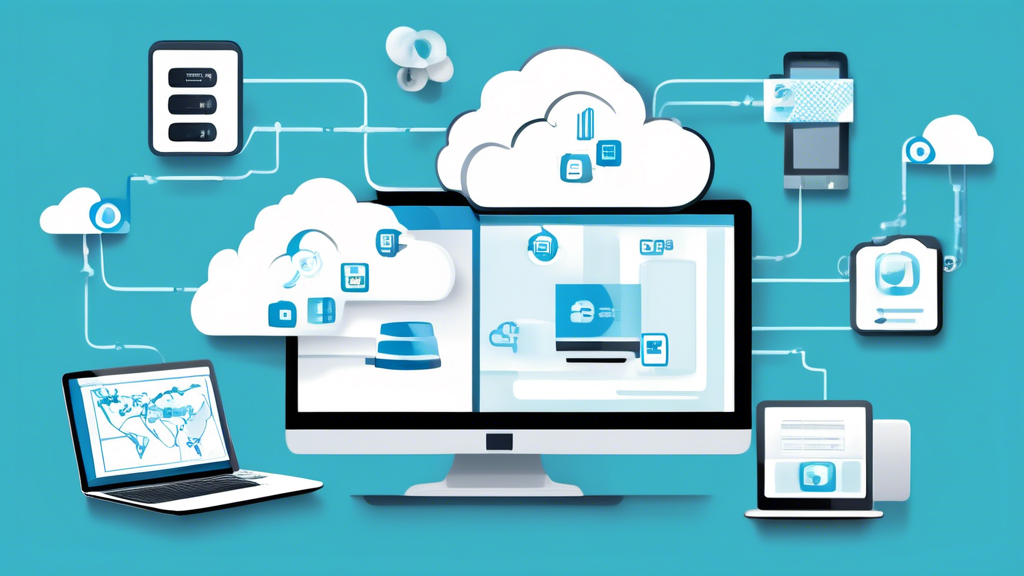 Create an image that visually represents the key advantages of online backup, focusing on the following elements: 

1. An illustration of a computer or device with an automated backup process, showing data being backed up in real-time.
2. An open cloud icon symbolizing accessibility to data from any location, with various devices such as laptops, tablets, and smartphones depicted accessing the cloud.
3. Visual representations of protection shields or locks indicating security against data loss from hardware failures and cyber attacks.

The overall theme should convey the simplicity, accessibility, and security that online backup offers for both individuals and businesses. Use bright, engaging colors to make the image inviting and informative.