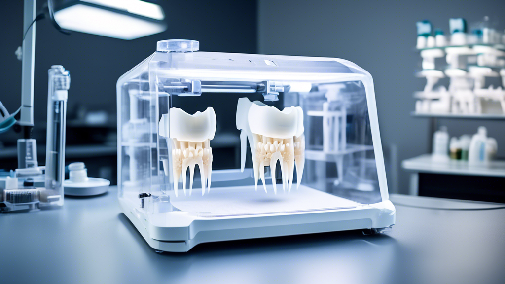 Create an image showcasing the innovative applications of the Ivoclar 3D printer in dentistry. The scene should depict a futuristic dental lab where advanced 3D-printed dental models and prosthetics are being produced. Include close-up shots of intricate dental structures created by the Ivoclar 3D printer, with professional dentists and technicians examining their quality and precision. Add elements that symbolize future trends in dental 3D printing technology, such as digital screens displaying holographic designs and a sleek, modern aesthetic in the lab. Highlight a sense of innovation and forward-thinking in dental care enabled by the Ivoclar 3D printer.