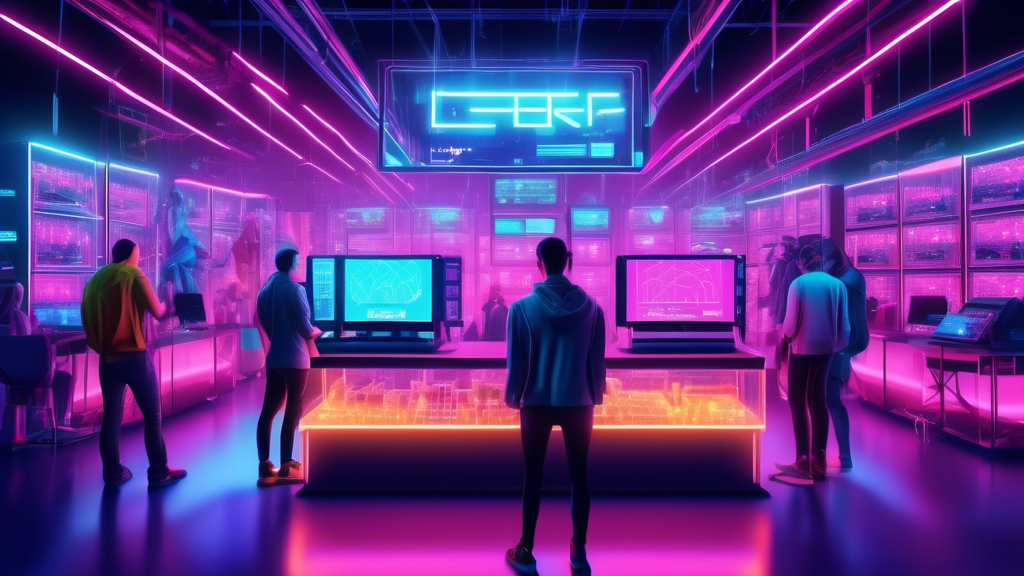 Create an image depicting a bustling digital marketplace, filled with diverse models of crypto mining rigs on display. Each rig is showcased with a digital price tag, performance metrics, and customer ratings floating above them. The scene captures tech-savvy buyers comparing features, engaging in virtual discussions, and examining the holographic product details. In the background, a neon-lit Crypto Mining Rigs For Sale sign hovers above the scene, and a digital billboard flashes tips on identifying trustworthy retailers and avoiding scams. The atmosphere should convey the blend of futuristic technology and vibrant commerce, emphasizing the current market trends in the crypto mining world.