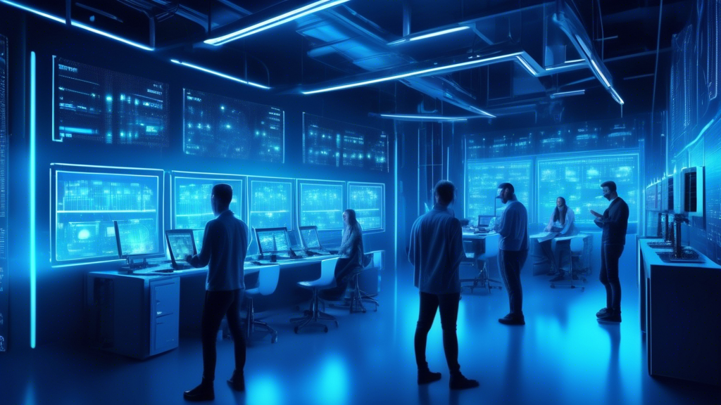 Create an image of a futuristic tech lab where a diverse group of individuals are avidly analyzing various crypto mining rigs. The room is filled with advanced digital displays showing energy consumption statistics, hash rates, and ROI calculations. Highlight one individual examining a cooling system