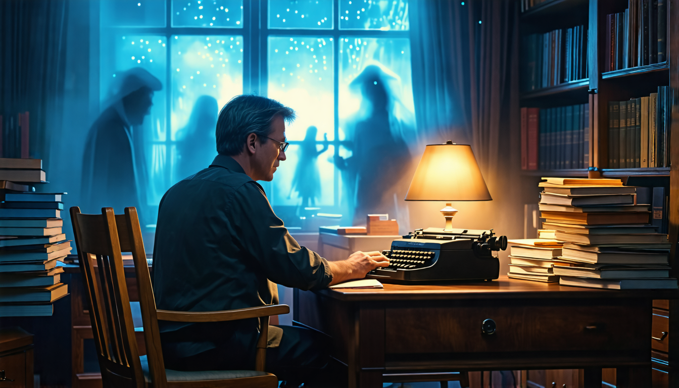 Create an image that encapsulates the essence of mastering dialogue and character development in the Aaron Sorkin screenwriting style. Visualize a scene set in a cozy, dimly lit writer