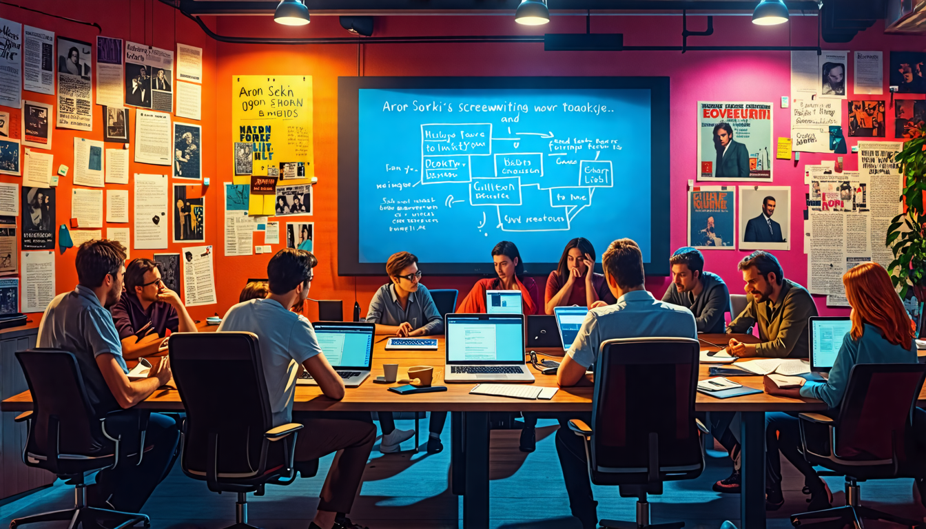 Create an image depicting a bustling creative workspace, filled with aspiring screenwriters passionately engaged in screenwriting exercises. The room is adorned with vibrant mood boards, screenplay drafts, and film posters showcasing successful movies influenced by Aaron Sorkin